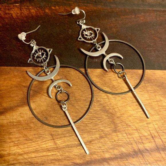 Celestial Geometric Evil Eye Mixed Metal Dangle Earrings - Picture 5 of 6